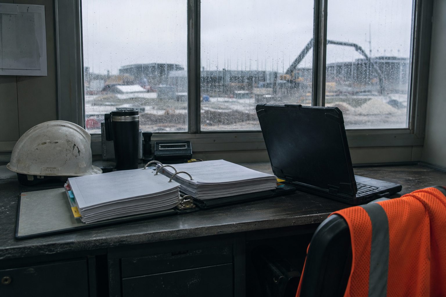 Claim binder and rugged laptop open on a site trailer desk beside a hard hat, rain running down the window