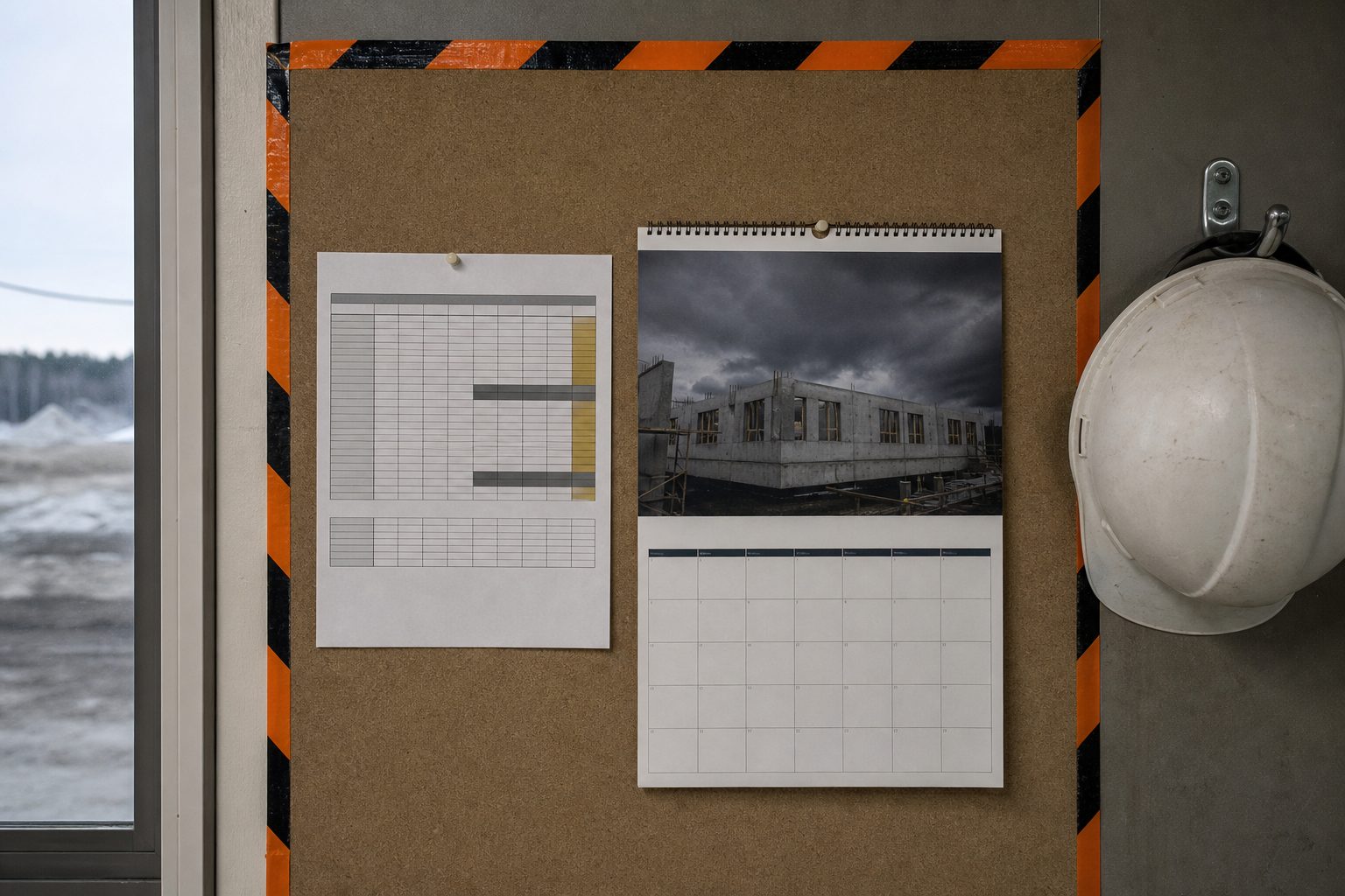 Printed weather chart and wall calendar pinned to a corkboard in a construction site trailer beside a hard hat