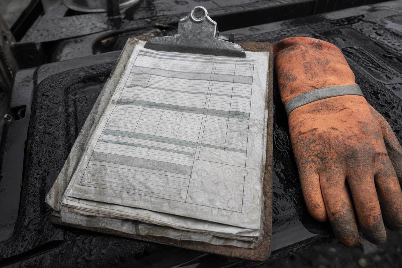 Rain soaked daily report on a clipboard resting on a wet pickup tailgate at a commercial job site