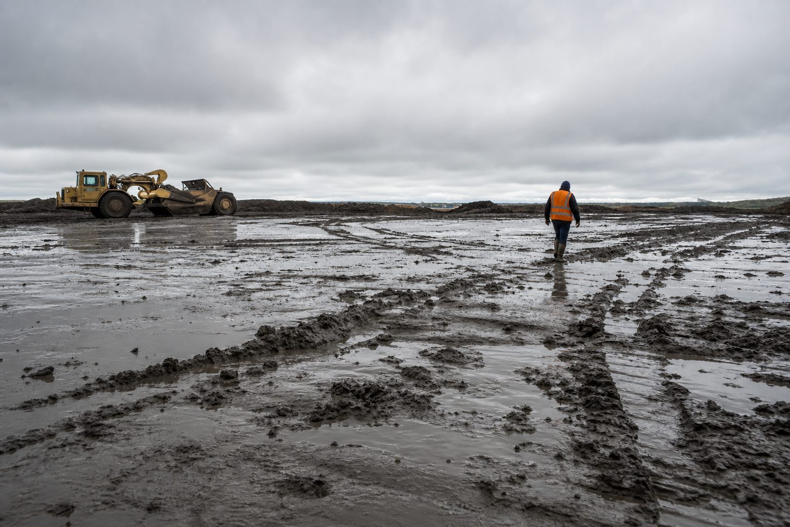 Muddy earthwork pad with standing water and an idle scraper on a grey morning after heavy rain