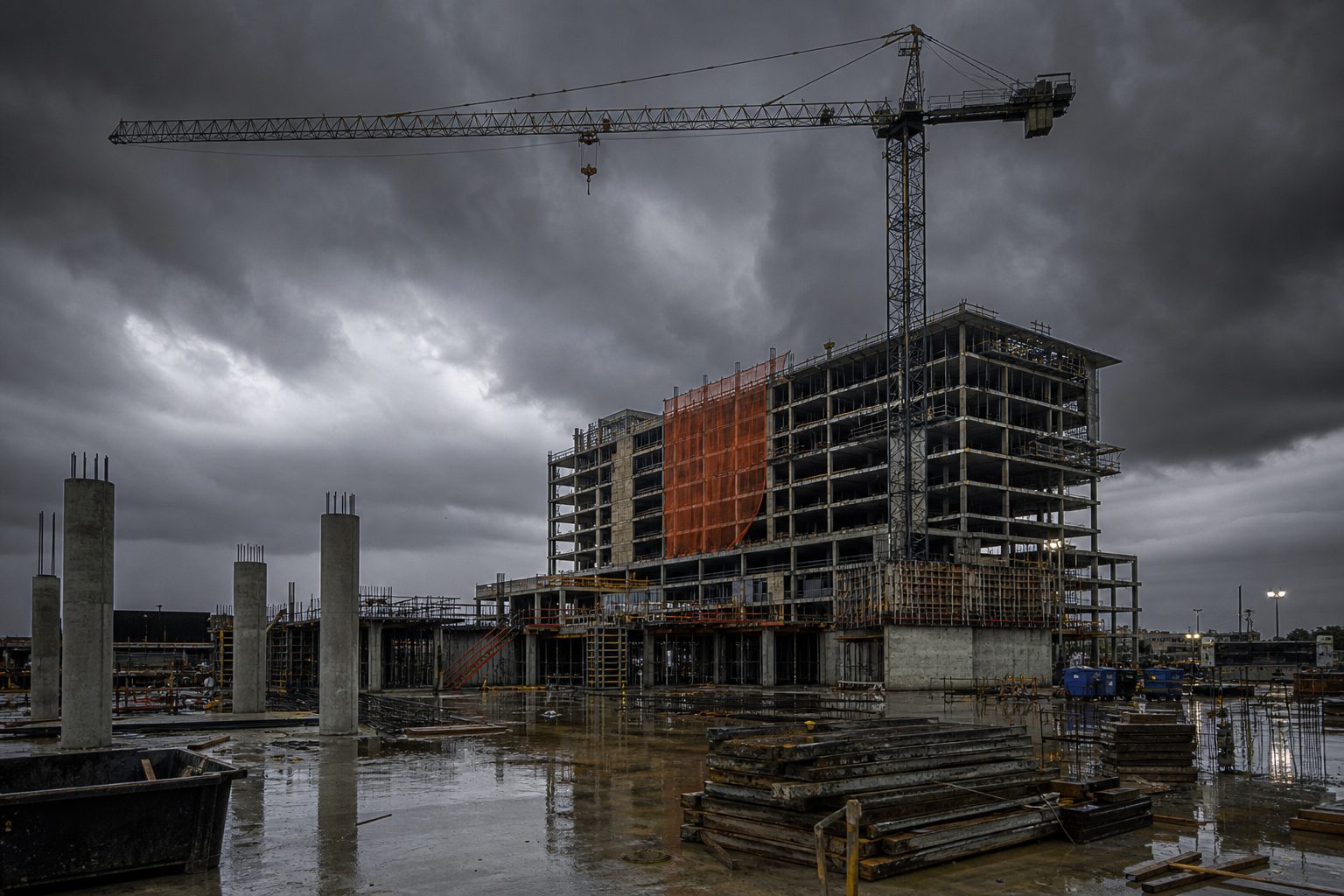 Hospital tower under construction with a tower crane against a dark afternoon thunderstorm sky in Florida