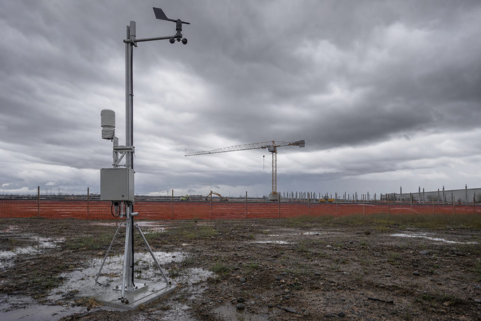 Automated weather station with anemometer beside a commercial construction site under low storm clouds