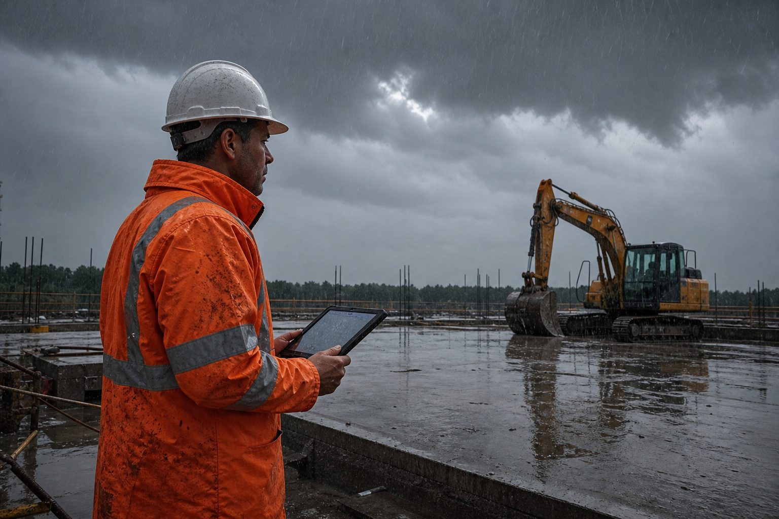 Superintendent in an orange rain jacket checking a tablet beside a flooded concrete slab in the rain