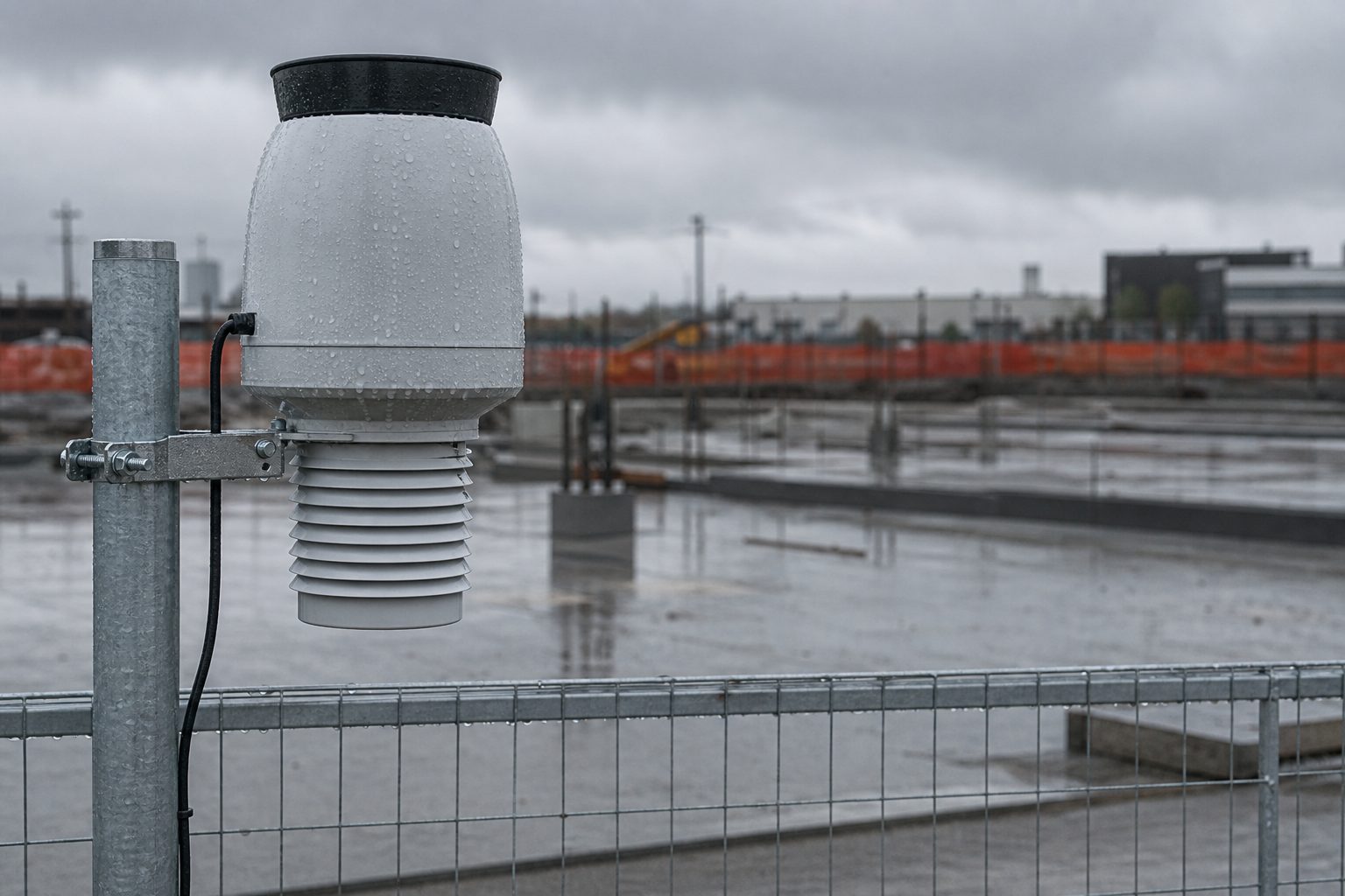 Tipping bucket rain gauge on a galvanized post at a wet commercial job site under a storm grey sky