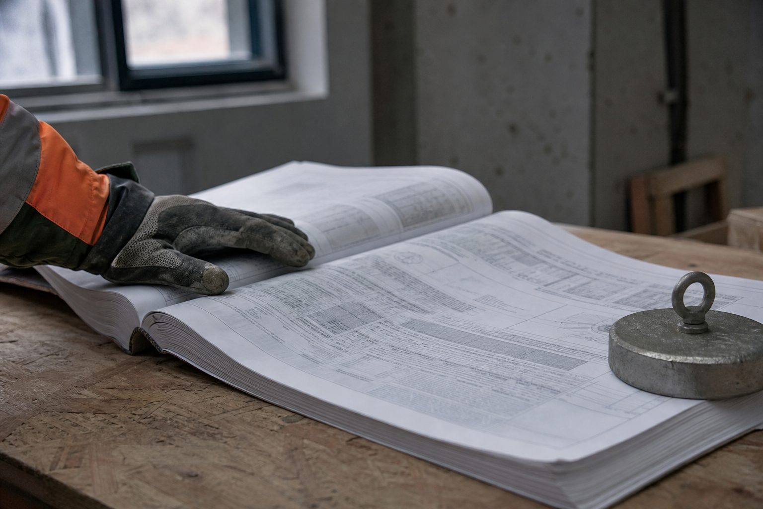 Gloved hand holding open a thick contract specification book on a plywood table in a job site office