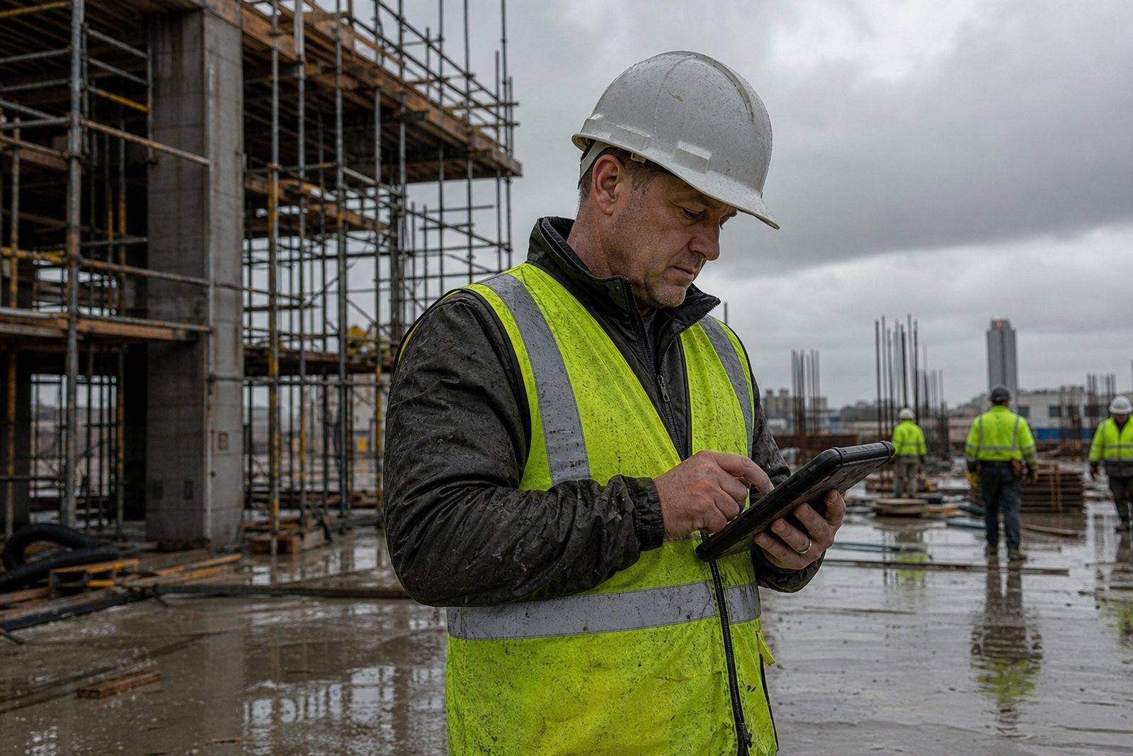 Superintendent in a hard hat and reflective vest writing a site log on a rugged tablet during rain at a commercial construction site